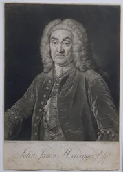 Porträt von John James Heidegger (1666-1749), Schweizer Impresario in London, graviert von John Faber (1684-1756), 1749
