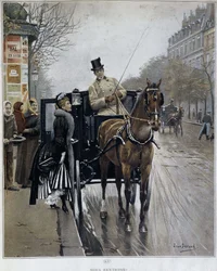 Elegante Frau in einer Kutsche in Paris: "Wir Rückkehrer" - Illustration von Jean BERAUD (1849 - 1935), Ende des 19. Jahrhunderts.