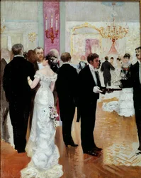 Der Empfang. Gesellschaftlicher Abend in der Pariser Gesellschaft der Belle Époque. Gemälde von Jean Béraud (1849-1935), 20. Jahrhundert. Privatsammlung
