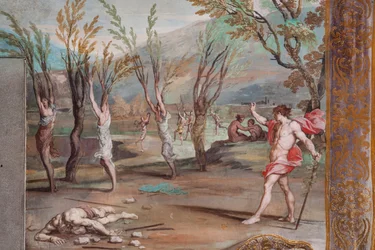 Bacchus verwandelt die Bacchantinnen in Bäume, die schuldig sind, den Leichnam des Orpheus in Stücke geschnitten zu haben