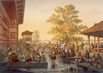 Freizeitszene in Pinarbasi, einem Stadtteil von Bursa. Ein Geschichtenerzähler unterhält das Publikum, aus Souvenirs de Constantinople, veröffentlicht 1845