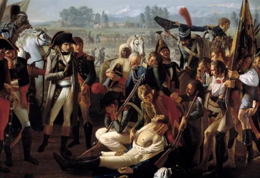 Tod von General Charles Antoine Desaix de Veygoux (1768-1800) in der Schlacht von Marengo am 14. Juni 1800 unter den Augen von Napoleon Bonaparte (1769-1821)