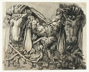 Ornament mit zwei Stierköpfen (recto); Skizze von geometrischen Rändern (verso)