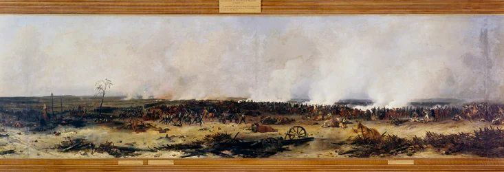 Russlandfeldzug: „Panorama der Schlacht an der Moskwa am 7/09/1812“. Die Schlacht an der Moskwa (auch Schlacht von Borodino) zwischen den Franzosen Napoleons I. Bonaparte (1769-1821) und der russischen kaiserlichen Armee unter Michail Golenischtschew