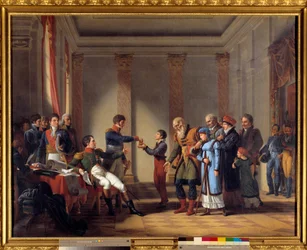 Wohltätigkeit von Kaiser Napoleon I. während der polnischen Kampagne im Januar 1807: Kaiser gibt eine Pension von hundert Napoleon an Nerocki, 117 Jahre alt