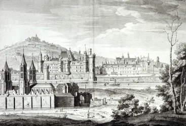 Ansicht der Abtei Saint-Germain-des-Prés, des Louvre, Petit Bourbon, Montmartre und der Seine im Jahr 1410, graviert von Antoine Herisset (1685-1769)