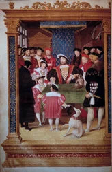 Antoine Macault liest seine Übersetzung König Franz I. (1494-1547) und seinem Hof vor. Der König ist umgeben von seinen Söhnen Franz, Heinrich (zukünftiger Heinrich II.) und Karl. Links Darstellungen (von links nach rechts): Claude d