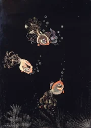 Ein lackiertes Paneel mit einer Unterwasserszene mit roten und goldenen Fischen, die Luftblasen ausstoßen