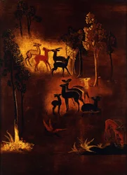Ein Panel dekoriert mit Hirschen in einer bewaldeten Landschaft