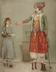 Eine Dame in türkischer Tracht mit ihrer Dienerin im Hammam