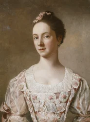 Porträt einer Dame, Halbfigur, in einem rosa-weißen Kleid