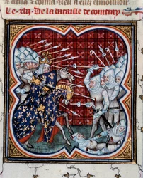 Schlacht von Kortrijk zwischen Philipp IV. dem Schönen (1268-1314) und den Flamen, sogenannte Schlacht der Goldenen Sporen 11.07.1302. Miniatur aus 