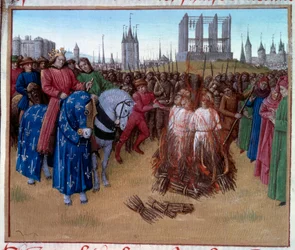 Verurteilung und Folterung der Amauricianer (Anhänger von Amaury de Chartres, französischer Philosoph und Theologe des 12. Jahrhunderts) in Anwesenheit von Philipp II., genannt Philipp August (1165-1223). Manuskript „Grandes Chroniques de France“ (Folio 23