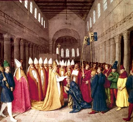 Krönung von Kaiser Karl dem Großen am 25. Dezember 800 in Rom durch Papst Leo III., Illumination aus Les Grandes Chroniques de France von Jean Fouquet, ca. 1455-1460