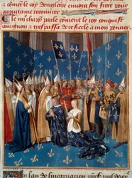 Krönung Ludwigs VIII. (1187-1226) und Blanka von Kastiliens (1188-1252) 1224 in Reims. Miniatur aus der Handschrift „Grandes Chroniques de France“ von Jean Fouquet (1420-1481), 15. Jahrhundert. Paris, B.N.