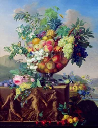 Schale mit Blumen und Früchten