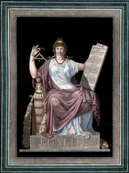 Gleichheit - Gravur von Jean François (Jean-François) Janinet (1752-1814) - Allegorie der Gleichheit, die die Erklärung der Menschenrechte hält. 1793