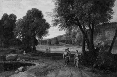 Klassische Landschaft mit zwei Frauen und einem Mann auf einem Pfad