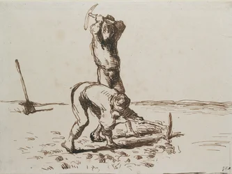 Zwei Bauern graben mit Spitzhacken, um 1844-1846
