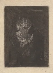 Zwei Frauen beim Nähen bei Lampenlicht, ca. 1853