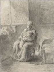 Sitzende Frau mit Baby an einem offenen Fenster