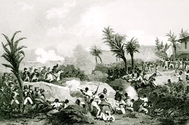 Schwarzer Aufstand in Santo Domingo, 16. September 1802, aus "Histoire Universelle du XIXe siècle", nach Martinet