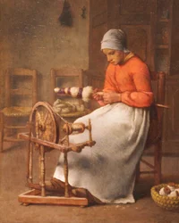 Frau beim Spinnen