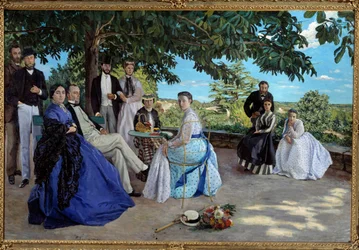 Familientreffen: Porträt einer französischen bürgerlichen Familie im Garten. Von links nach rechts: Jean Frederic Bazille, sein Onkel Monsieur des Hours, seine Mutter und sein Vater, seine Cousine Pauline und ihr Ehemann Monsieur Teulon, seine Tante Madame