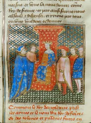 Der englische König Edward III. auf seinem Thron, gekleidet in eine Tunika mit englischen und französischen Emblemen, hört eine Rede von Robert von Artois