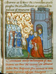 Drei Magistrate von Limoges in zeremoniellen Roben überreichen dem Herzog von Berry die Schlüssel der Stadt