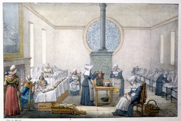 Gefundene Kinder (Waisenhaus) - Lithografie von Marlet, Ende des 19. Jahrhunderts