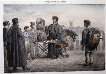 Ehemaliger Straßenberuf in Paris: der Rattentod-Händler (Camelot). Gravur von Jean Henry Marlet in „Les Tableaux de Paris“, Serie von 72 Drucken, Ende des 19. Jahrhunderts.