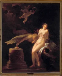 Das Opfer der Rose Eine nackte junge Frau vor einem Opferaltar, auf dem eine Rose (ihre Jungfräulichkeit?) und ein geflügeltes Wesen liegen. Gemälde von Jean Honoré Fragonard (1732-1806). 18. Jahrhundert Private Sammlung