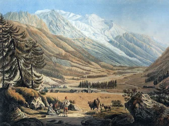 Blick auf das Chamonix-Tal, vom Dorf Argentiere von Jean Daniel Huber während der Reise ca. 1785 (Gravur)