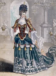 Porträt von Mademoiselle Desmatins (1682-1708), Musikerin an der Oper, Gravur von Jean Berain