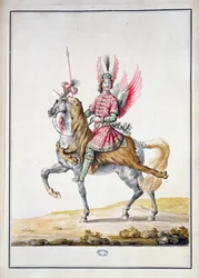 „Reiter mit Flügeln“, Kostümentwurf für „Le Carrousel des Galants Maures“, 1686