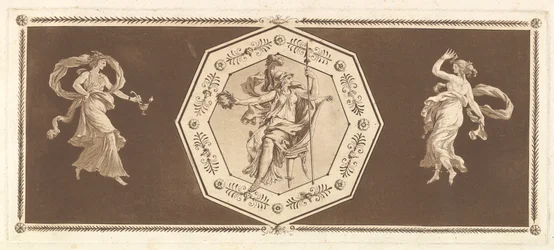 Minerva sitzt in einem dekorativen Oktagon, mit einer Figur links und rechts die Nacht