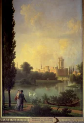Das Schloss von Laxenburg (Österreich), im Vordergrund der Kaiser von Österreich und die Erzherzogin Marie Louise. Gemälde von Joseph Bidault (1758-1846)