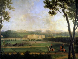 Ansicht des kaiserlichen Palastes von Schönbrunn, Wien, Österreich. Dies ist die Sommerresidenz der Habsburger, erbaut Ende des 17. Jahrhunderts von Johann Fischer von Erlach. Detail eines Gemäldes von Joseph Bidault (1758-1846) 1810 Paris, Musée Marmottan