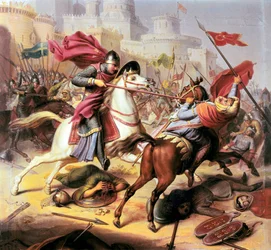Erster Kreuzzug: Robert II. Herzog der Normandie kämpft gegen einen muslimischen Soldaten während der Belagerung von Antiochia 1098 - 1838