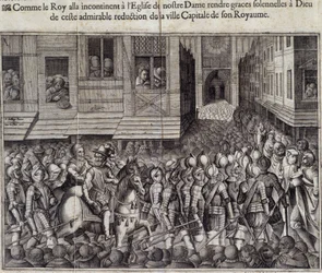Einzug von Heinrich IV. (1553 - 1610) in Paris am 22. März 1594 und Gang zur Kathedrale Notre Dame zur Messe - Gravur von Jean Lecler, nach Bollery, Musée de Notre Dame de Paris
