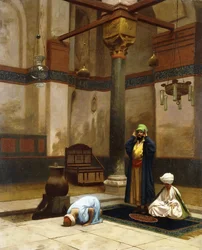 Drei Personen, die in der Ecke einer Moschee beten; Trois Personnages Priant dans un Coin de Mosquee