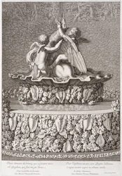Brunnen mit zwei Amoren, die mit einem Greif spielen, von Benoit Massou, in Versailles, 1676
