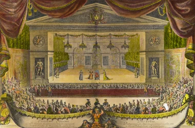 Darstellung des eingebildeten Kranken in Versailles. Aufführung des Stücks von Jean Baptiste Poquelin, genannt Molière, vor der Grotte von Thetis in den Gärten von Versailles in Anwesenheit von König Ludwig XIV.