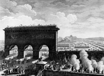 Französische Revolution: Fest der Föderation am 14. Juli 1790 auf dem Marsfeld in Paris. Gravur von Berthaut nach Prior.