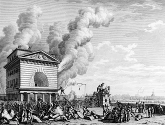 Französische Revolution: Brand der Barriere der Konferenz in Paris am 12. Juli 1789. Gravur von Berthaut nach Prieur