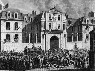 Französische Revolution: Plünderung des Hauses Saint Lazare in Paris am Montag, den 13. Juli 1789 durch die Revolutionäre. Gravur von Berthaut nach Prior. Paris, Bibliothek des Instituts für Revolutionsgeschichte.