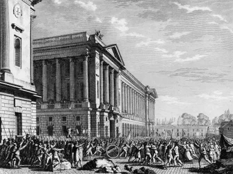 Französische Revolution: Plünderung der Waffen im Möbelwächter (oder Möbellager, jetzt Hôtel de la Marine) am 13. Juli 1789, Place de la Concorde, Paris