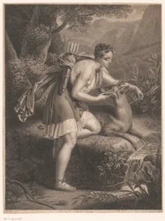 Nymphe von Diana zieht einen Pfeil aus dem Hals eines Hirsches