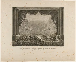 Fest der Leibwachen, flandrischen Regimenter, Montmorency-Dragoner und Nationalgarden von Versailles. Sie treten die Nationalkokarde mit Füßen und zeigen die schwarze Kokarde, ein Zeichen der "Aristokratischen Konföderation"